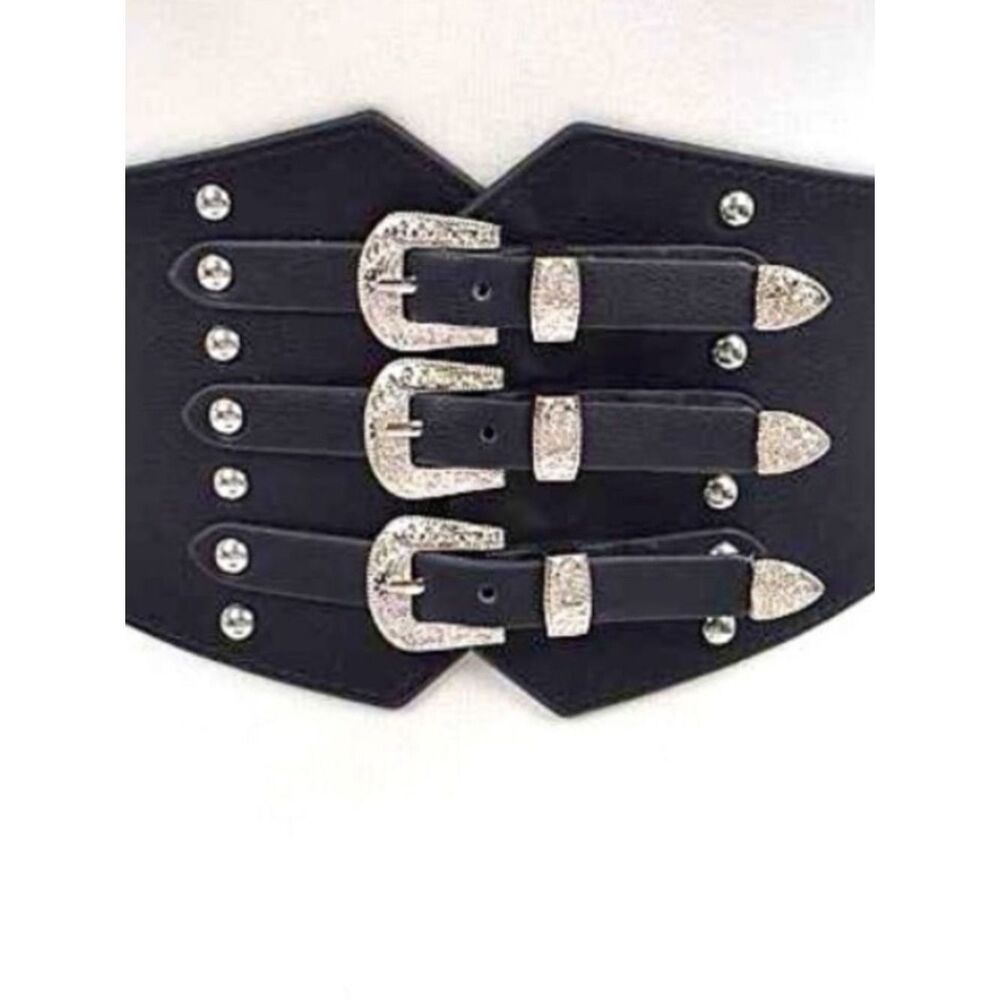 Black Silver Triple Buckle Studded Wide Statement Belt NWT